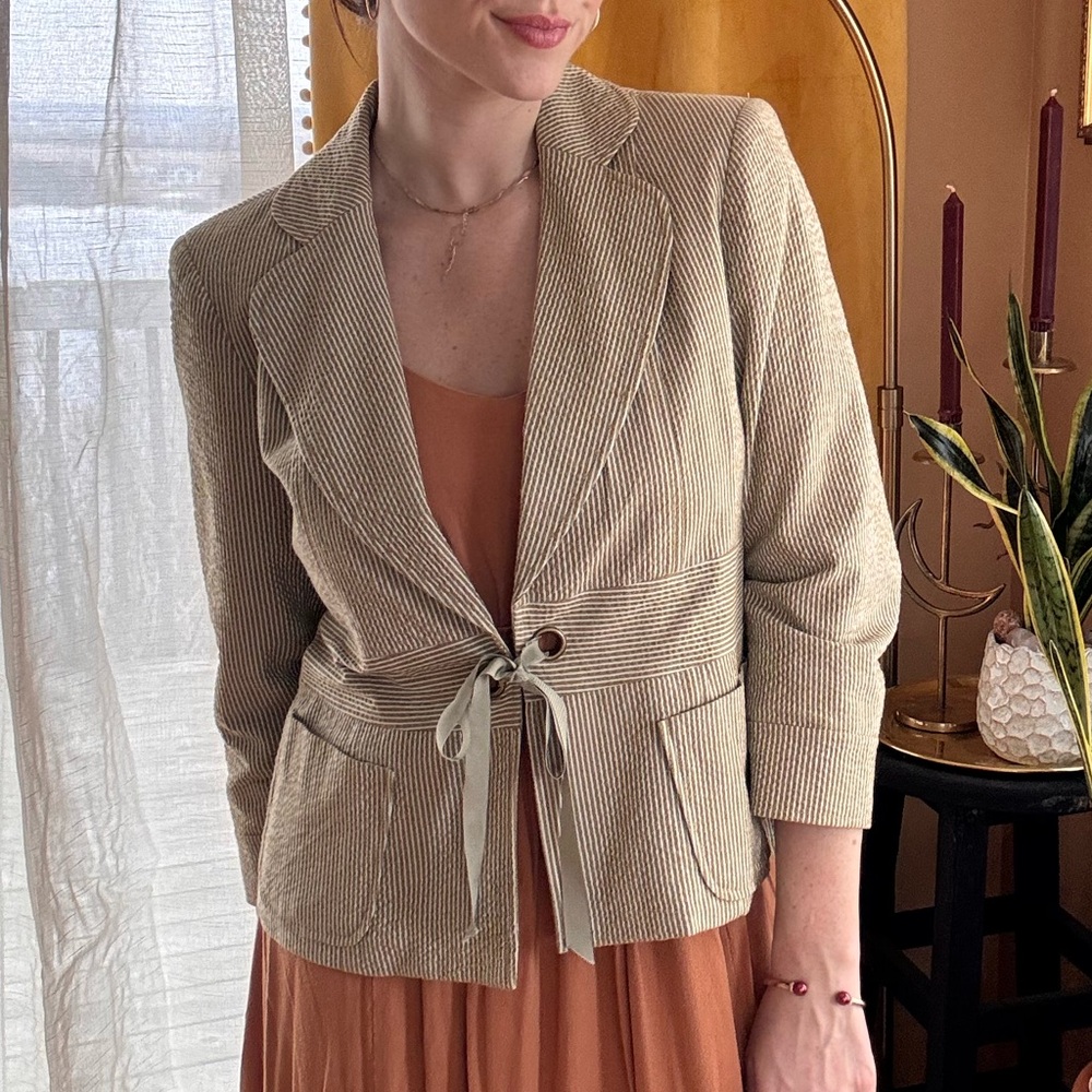 Vintage Pin Stripe Minimalist Blazer in Muted Olive Green Relaxed Fit w Bow